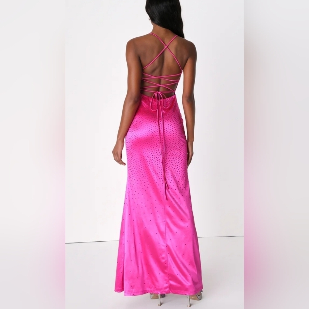 Lulus Radiant Stunner Hot Pink Satin Rhinestone Lace-Up Maxi Dress Size XL NWT - Picture 3 of 9